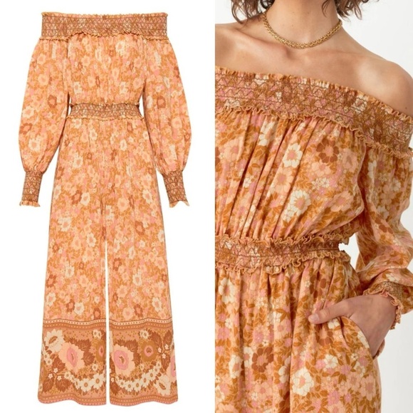 Spell Pants - Spell Anne Smocked wide leg jumpsuit XS Peach antique floral off shoulder cotton